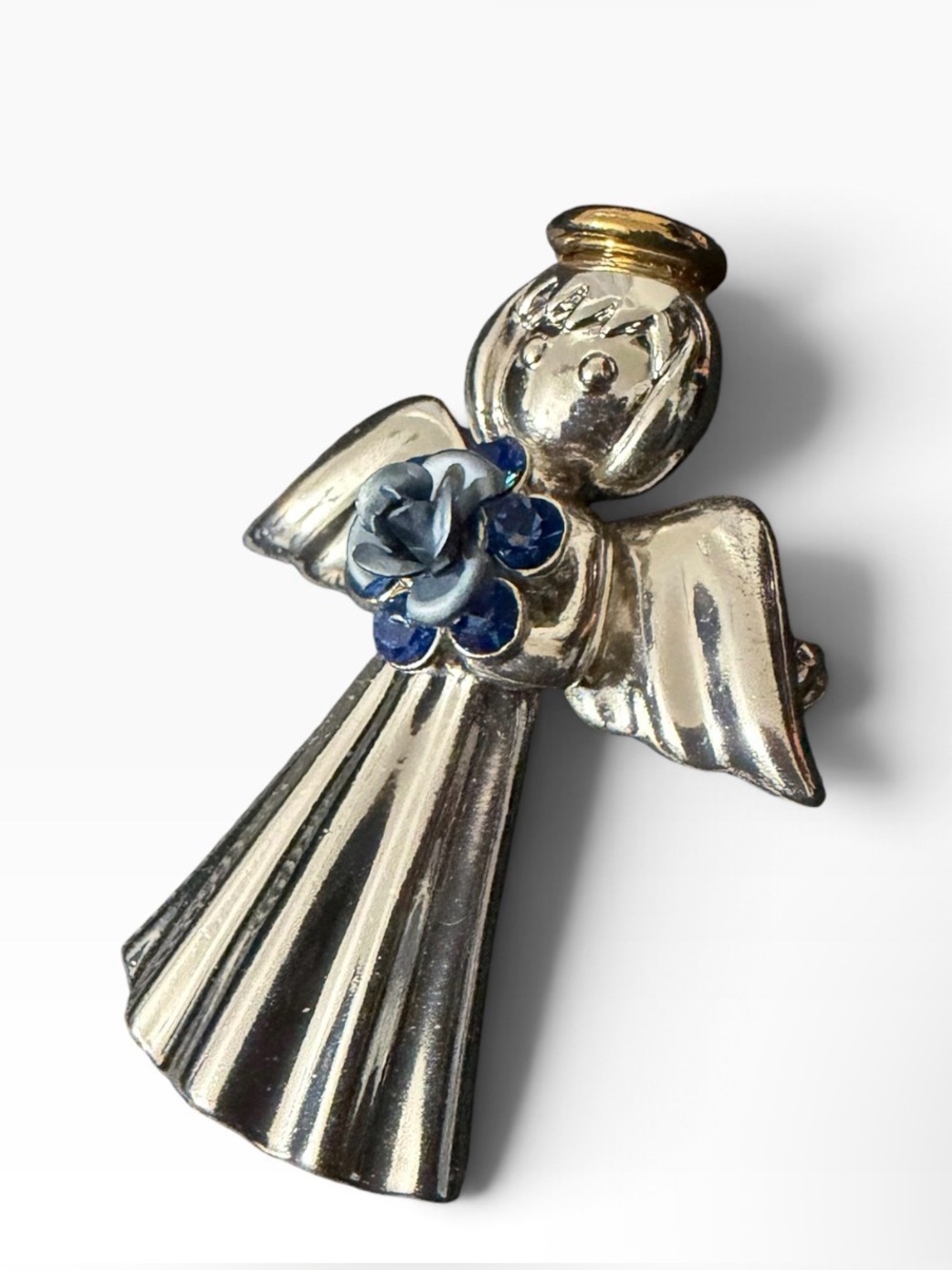 Silver Angel Brooch with Blue Rose Accent